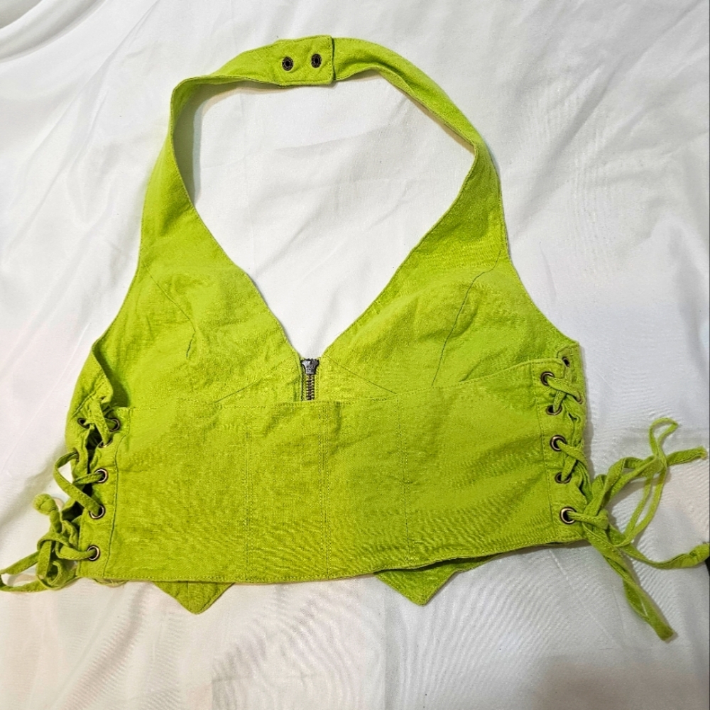 Linen vest green with zipper on front
